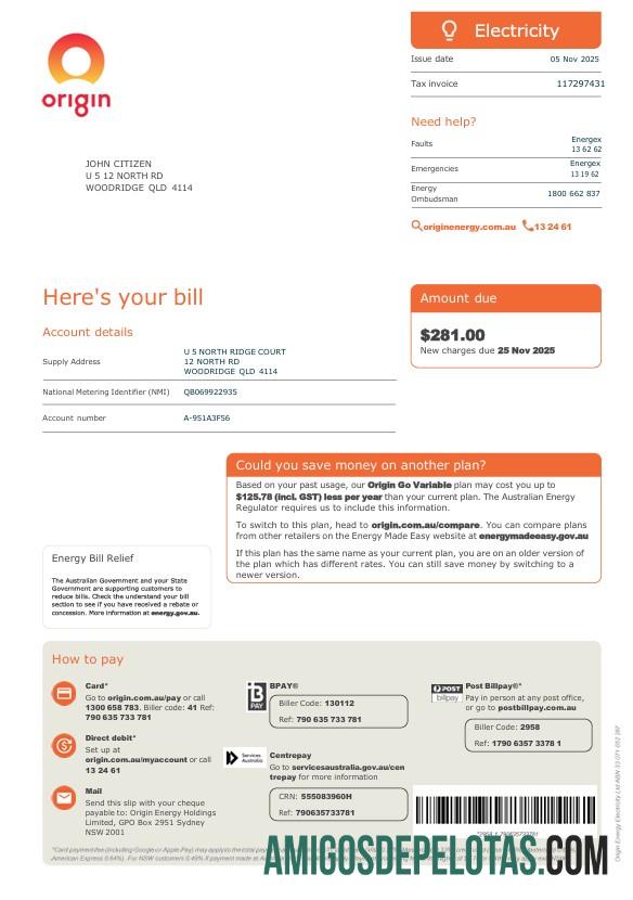 Versão 2 da conta de eletricidade e energia de origem da Austrália exemplo real